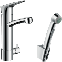 Смеситель для раковины hansgrohe Logis 190 с поворотным изливом, с гигиеническим душем и запорным вентилем 31515000, хром