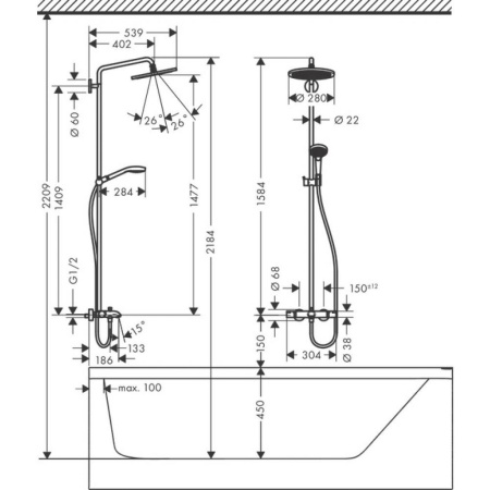Душевая система hansgrohe Croma Select S Showerpipe 280 1jet с термостатом для ванны 26792000, хром