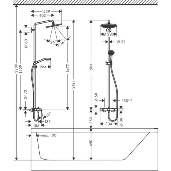 Душевая система hansgrohe Croma Select S Showerpipe 280 1jet с термостатом для ванны 26792000, хром