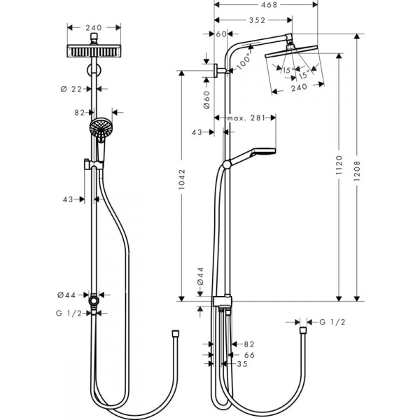 Душевая система hansgrohe Crometta E 240 1jet Showerpipe Reno EcoSmart 27289000, хром