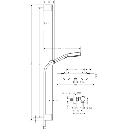 Душевой набор hansgrohe Pulsify Select S 105 3jet Relaxation EcoSmart с термостатом Ecostat Fine и душевой штангой 90 см, 24261670, матовый черный