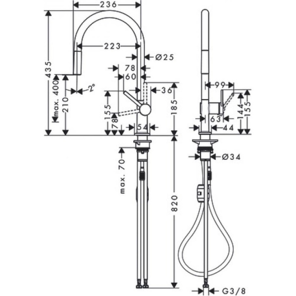 Кухонный смеситель однорычажный, 210, с вытяжным изливом, 1jet Hansgrohe 72802000, хром