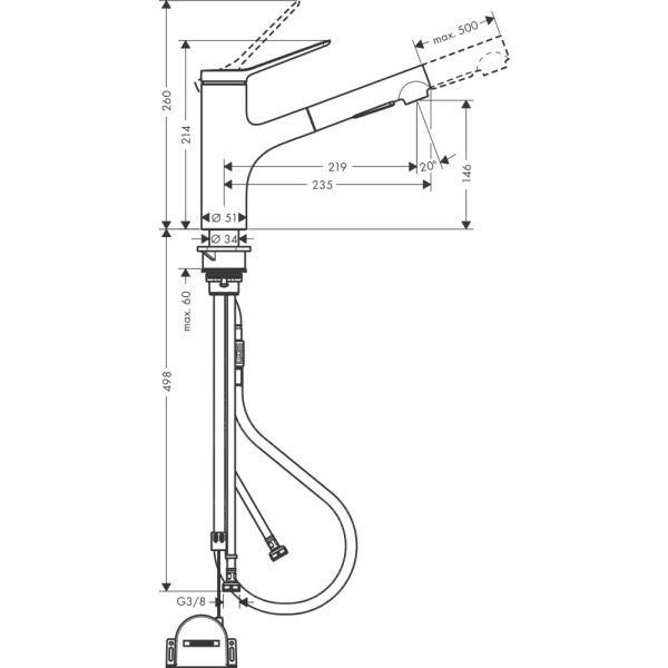Смеситель для кухонной мойки hansgrohe Zesis M33 150, с вытяжным душем 2jet, sBox lite 74803800, под сталь