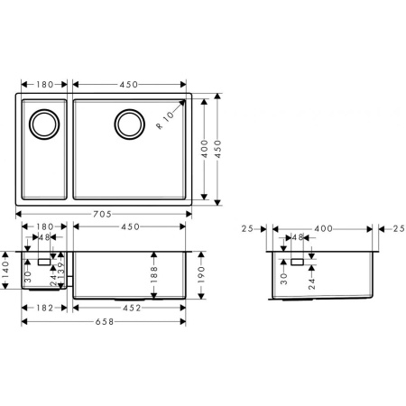 Мойка для монтажа под столешницу hansgrohe S71 S719-U655 43429800, нерж. Сталь