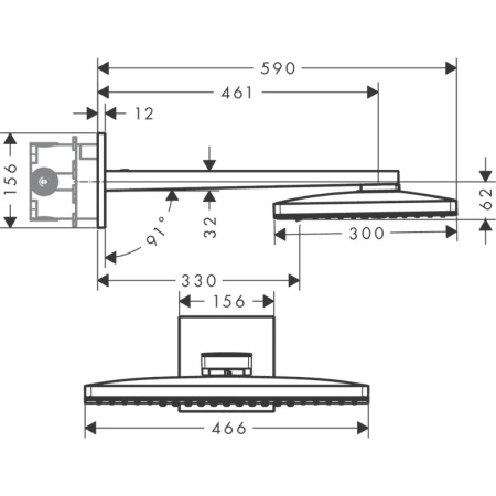 Верхний душ hansgrohe Rainmaker Select 460 2jet с настенным кронштейном скрытого монтажа 24005600, черный/хром