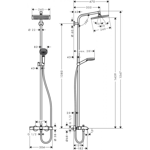 Душевая система hansgrohe Crometta E 240 1jet Showerpipe с термостатом 27298000, хром