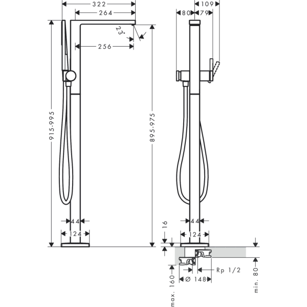 Смеситель для ванны hansgrohe Tecturis E напольного монтажа, 73445140, шлифованная бронза