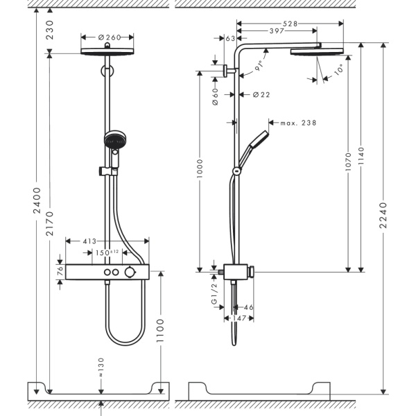 Душевая система hansgrohe Pulsify S 260 1jet EcoSmart с термостатом 24221000, хром