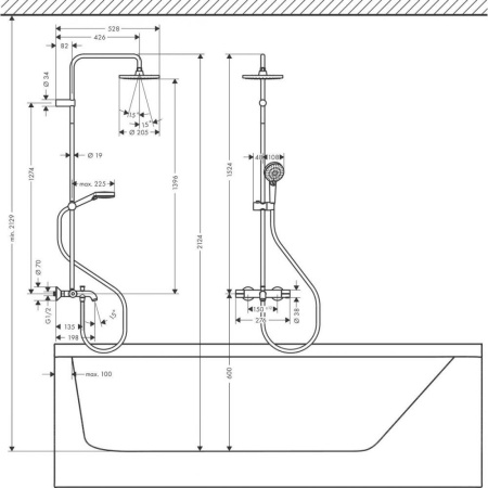Душевая система Showerpipe 200 1jet с термостатом для ванны EcoSmart Hansgrohe Vernis Blend 26079000, хром