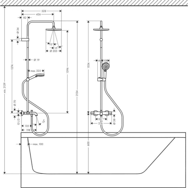 Душевая система Showerpipe 200 1jet с термостатом для ванны EcoSmart Hansgrohe Vernis Blend 26079000, хром