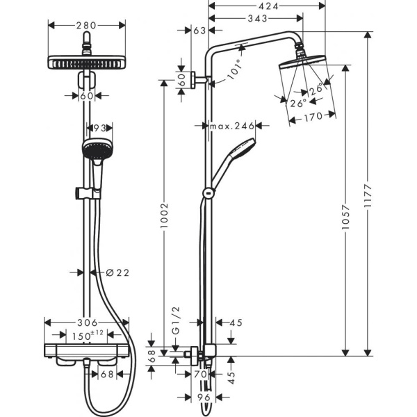 Душевая система hansgrohe Croma E Showerpipe 280 1jet 27630000, хром