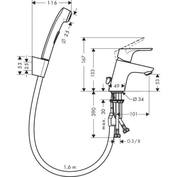 Смеситель hansgrohe Focus E2 для раковины с гигиеническим душем 31926000, хром