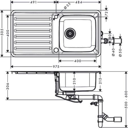 Кухонная мойка hansgrohe S41 S4113-F400 врезная с левым крылом 43338800, нержавеющая сталь