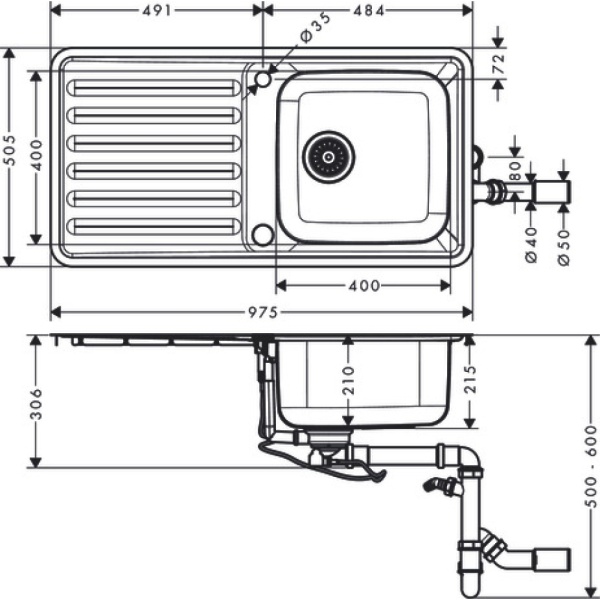Кухонная мойка hansgrohe S41 S4113-F400 врезная с левым крылом 43338800, нержавеющая сталь