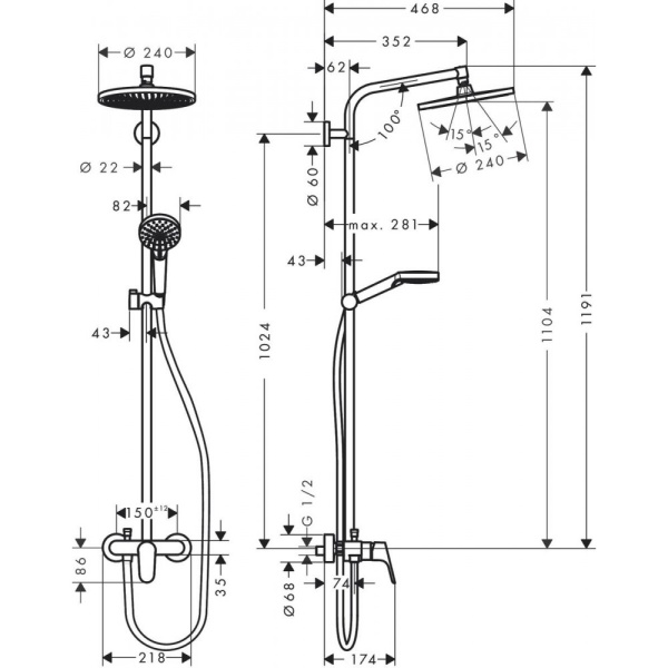 Душевая система hansgrohe Crometta S 240 1jet Showerpipe со смесителем 27269000, хром