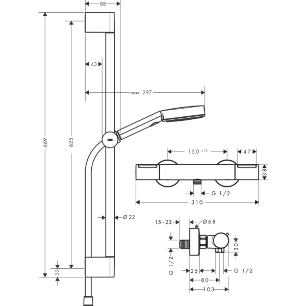 Душевой набор hansgrohe Pulsify Select S 105 3jet Relaxation EcoSmart с термостатом Ecostat Element и душевой штангой 65 см, 24272670, матовый черный