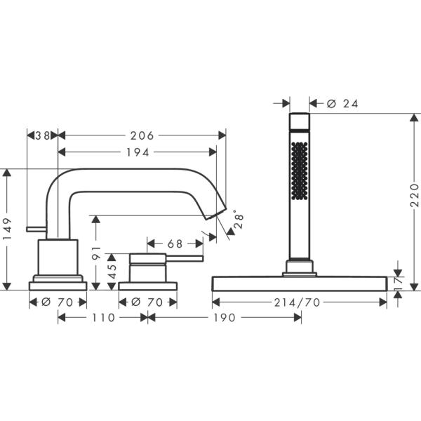 Cмеситель для ванны hansgrohe Tecturis S на 3 отверстия, 73447670, матовый черный