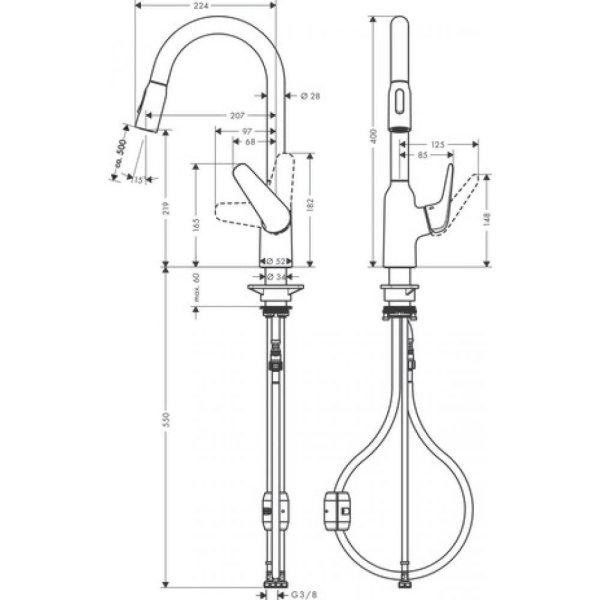 Кухонный смеситель однорычажный, 220, с вытяжным душем, 2jet Hansgrohe 71800000, хром