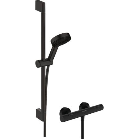 Душевой набор hansgrohe Pulsify Select S 105 3jet Relaxation EcoSmart с термостатом Ecostat Fine и душевой штангой 65 см, 24262670, матовый черный