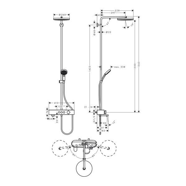 Hansgrohe Pulsify S Showerpipe Душевая система 260 1jet с термостатом для ванны ShowerTablet 400 хром 24230000