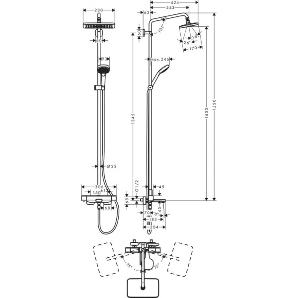 Душевая система hansgrohe Croma E Showerpipe 280 1jet 27687000, хром