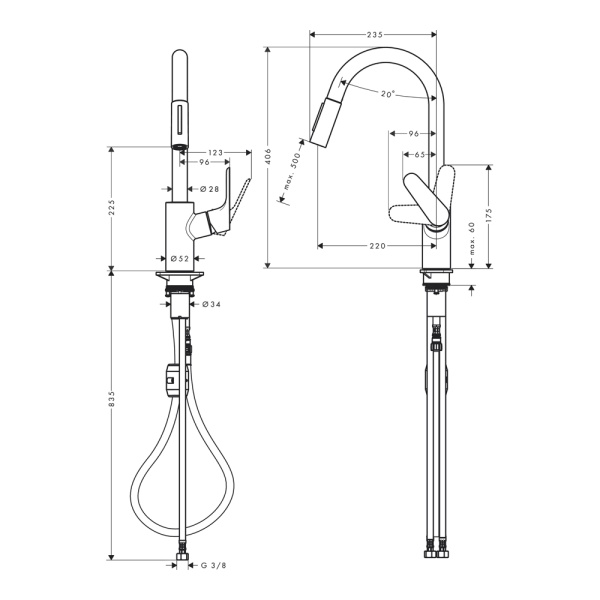 Смеситель для кухонной мойки hansgrohe Focus M41 240, с вытяжным душем 2jet, Eco 31833800, под сталь