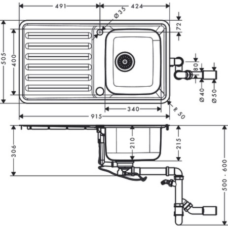 Кухонная мойка hansgrohe S41 S4113-F340 врезная с левым крылом 43337800, нержавеющая сталь
