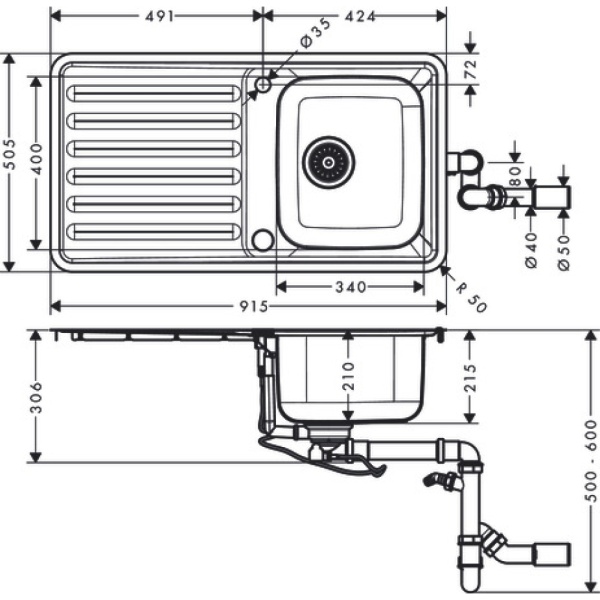 Кухонная мойка hansgrohe S41 S4113-F340 врезная с левым крылом 43337800, нержавеющая сталь