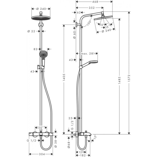 Душевая система hansgrohe Crometta S 240 Showerpipe с термостатом 27320000, хром