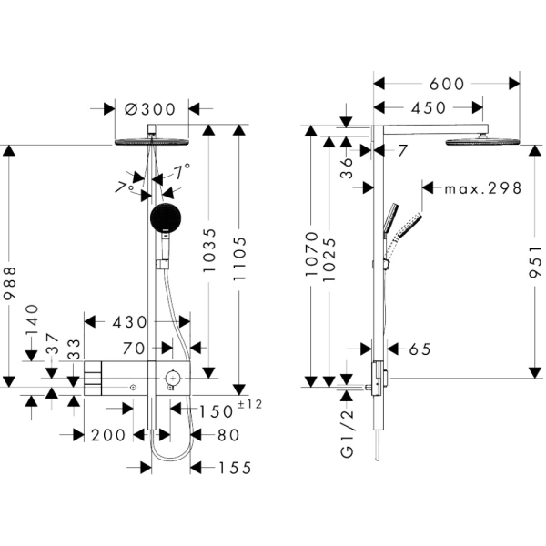 Душевая система hansgrohe Raindance Alive S Showerpipe 300 2jet с термостатом ShowerSelect Comfort, 24595340, шлифованный черный хром
