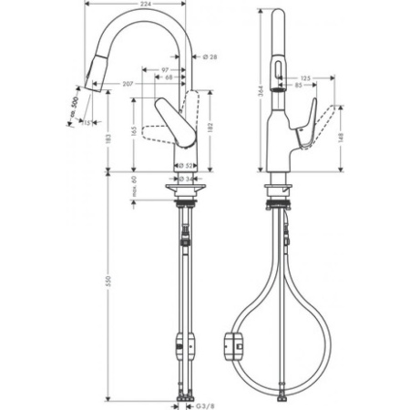 Кухонный смеситель однорычажный, 180, с вытяжным душем, 2jet Hansgrohe 71801000, хром