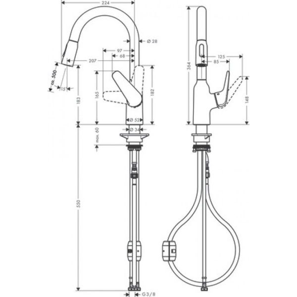 Кухонный смеситель однорычажный, 180, с вытяжным душем, 2jet Hansgrohe 71801000, хром