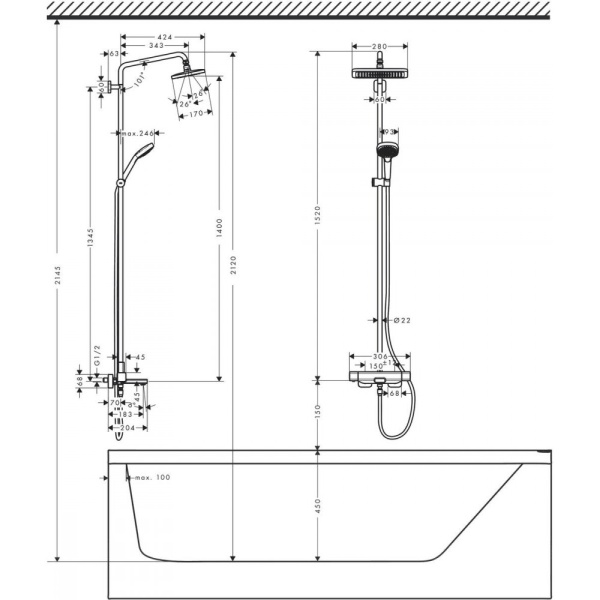 Душевая система hansgrohe Croma E Showerpipe 280 1jet 27687000, хром