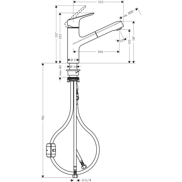 Смеситель для кухонной мойки hansgrohe Focus M43 150, с вытяжным изливом 71842800, под сталь