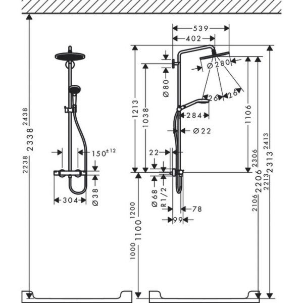 Душевая система hansgrohe Croma Select S Showerpipe 280 1jet с термостатом 26790000, хром