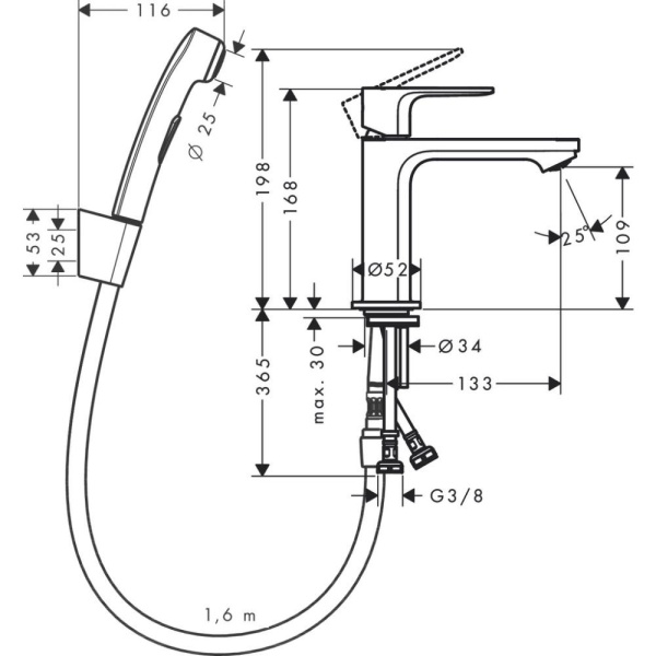 Смеситель для раковины hansgrohe Rebris S 110 с гигиеническим душем 72215000, хром
