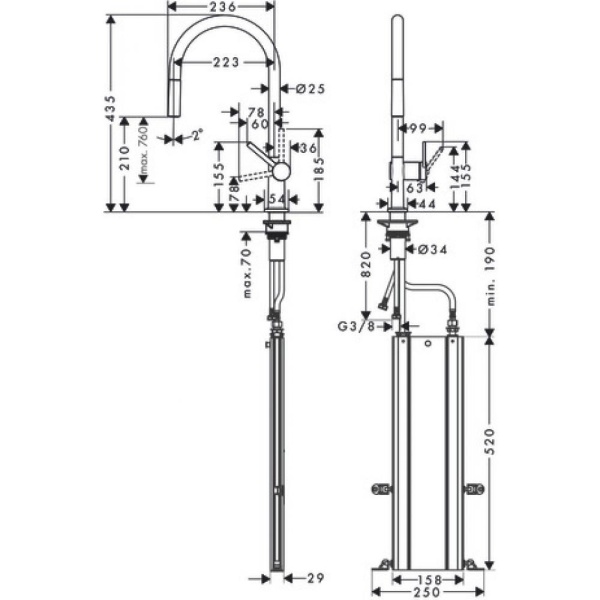 Кухонный смеситель однорычажный, 210, с вытяжным изливом, 1jet, sBox Hansgrohe 72803000, хром