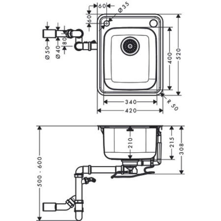Кухонная мойка hansgrohe S41 S412-F340 врезная 43334800, нержавеющая сталь