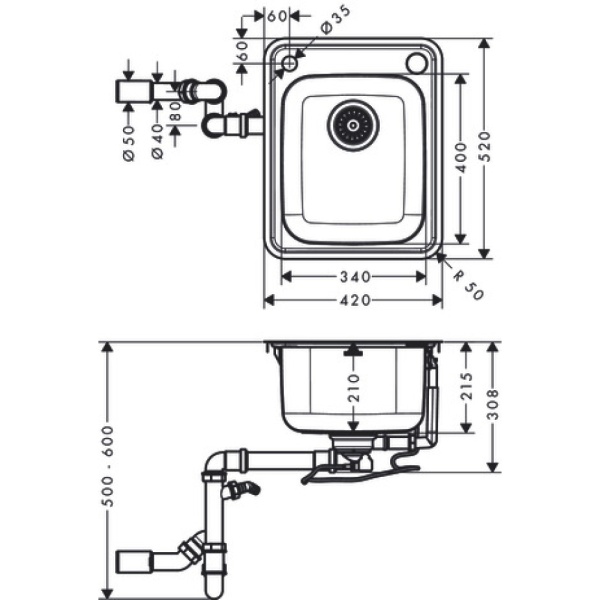 Кухонная мойка hansgrohe S41 S412-F340 врезная 43334800, нержавеющая сталь