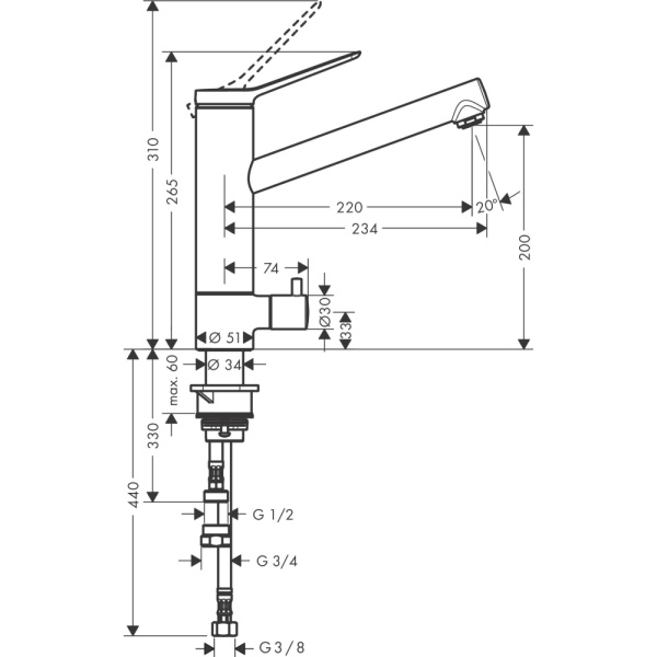 Смеситель для кухонной мойки hansgrohe Zesis M33 200, с поворотным изливом, с запорным вентилем 74807000, хром