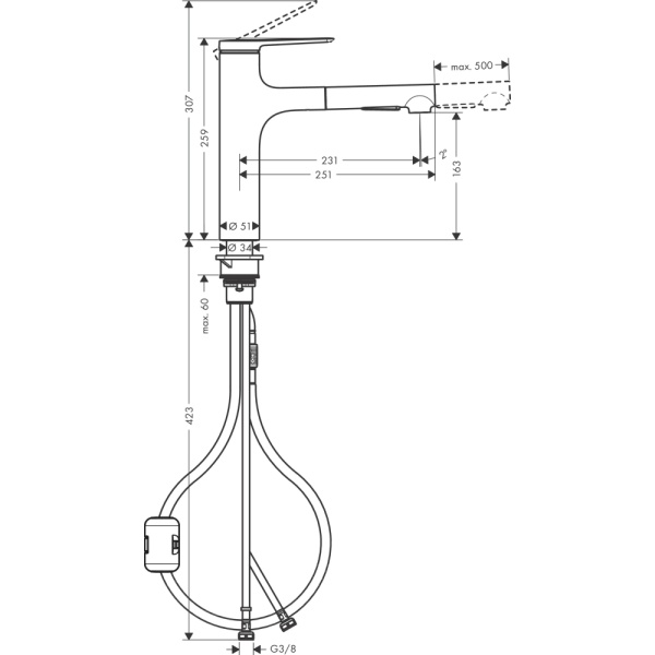 Смеситель для кухонной мойки hansgrohe Zesis M33 160, с вытяжным душем 2jet 74801000, хром