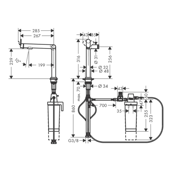 Смеситель для кухонной мойки hansgrohe Aqittura M91 240 1jet с поворотным изливом и функцией фильтрации, без фильтра в комплекте 76804800, под сталь