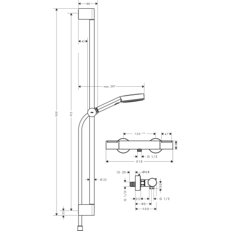 Душевой набор hansgrohe Pulsify Select S 105 3jet Relaxation EcoSmart с термостатом Ecostat Element и душевой штангой 90 см, 24271000, хром