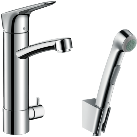 Смеситель для раковины hansgrohe Logis 190 с поворотным изливом, с гигиеническим душем и запорным вентилем 31515000, хром