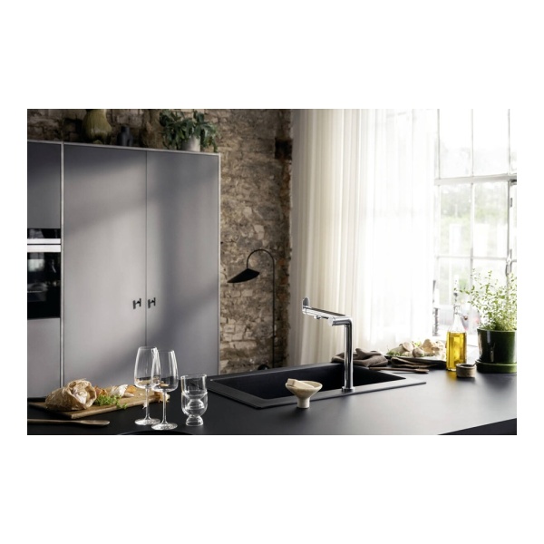 Смеситель для кухонной мойки hansgrohe Aqittura M91 240 1jet с поворотным изливом и функцией фильтрации, без фильтра в комплекте 76804800, под сталь