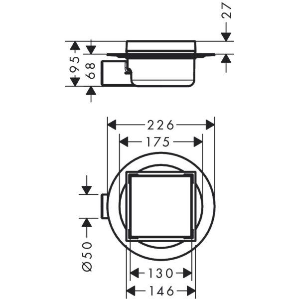 Точечный слив с решеткой hansgrohe RainDrain Spot, 15х15 см, для облицовки плиткой 56112800, под сталь