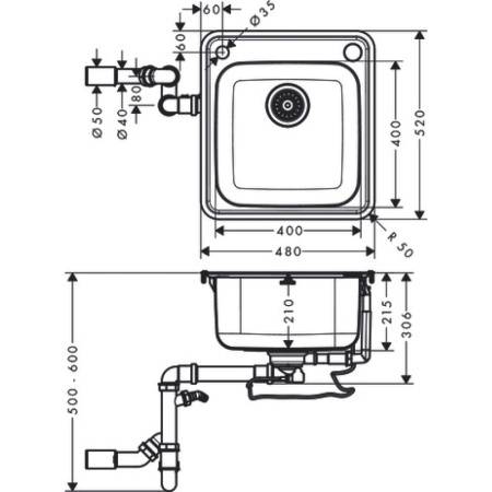 Кухонная мойка hansgrohe S41 S412-F400 врезная 43335800, нержавеющая сталь