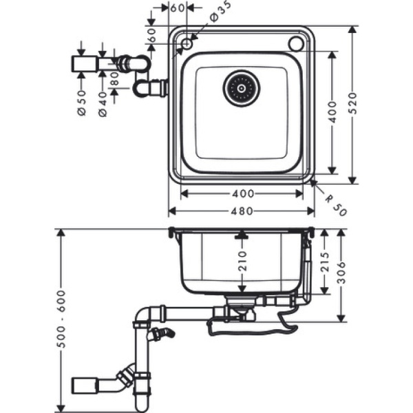 Кухонная мойка hansgrohe S41 S412-F400 врезная 43335800, нержавеющая сталь