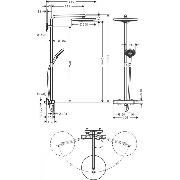 Душевая система hansgrohe Raindance Select S S300 2jet Showerpipe с термостатом 27133000, хром