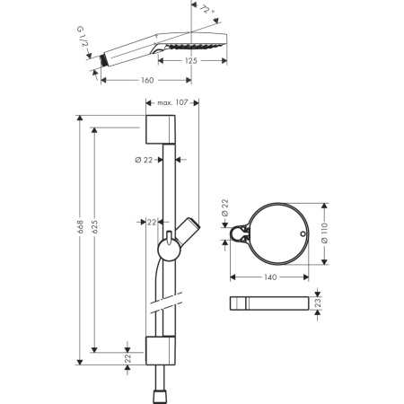 Душевой гарнитур hansgrohe Raindance Select S 120 3jet PowderRain со штангой 65 см и мыльницей 27944000, хром
